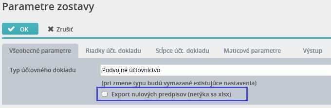 účtovného dokladu na záložku Všeobecné parametre dopracované políčko Export nulových predpisov (netýka sa xlsx). Políčko bolo do definície účtovných dokladov doplnené v stave vypnuté. T.j.