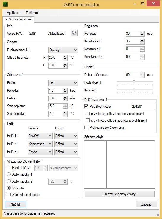 Možnosti nastavování přes USBC jsou stejné jako v menu samotného modulu SCMI-01.4.