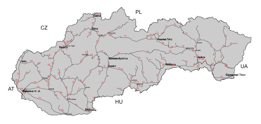 7 Čadca Mosty u Jablunkova SŽDC (CZ) 8 Skalité Zwardoń PKP (PL) 9 Plaveč Muszyna PKP (PL) 10 Medzilaborce Łupków PKP (PL) 11 Maťovce Užgorod UZ (UA) 12 Čierna nad Tisou Čop UZ (UA) 13 Slovenské Nové