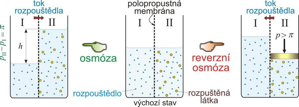 nízkomolekulární složky zachycují. Proces je založen na aplkac vnějšího tlaku p ze strany koncentrovanějšího roztoku, což způsobí obrácení přrozeného jevu osmózy. Obr.