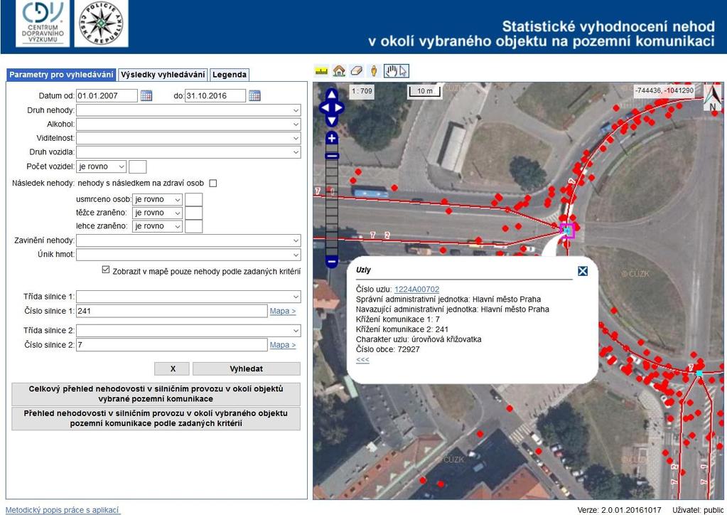 Statistické zobrazení nehodovosti v silničním provozu v okolí vybraného objektu na pozemní komunikaci Aplikace umožňuje vyhledání a