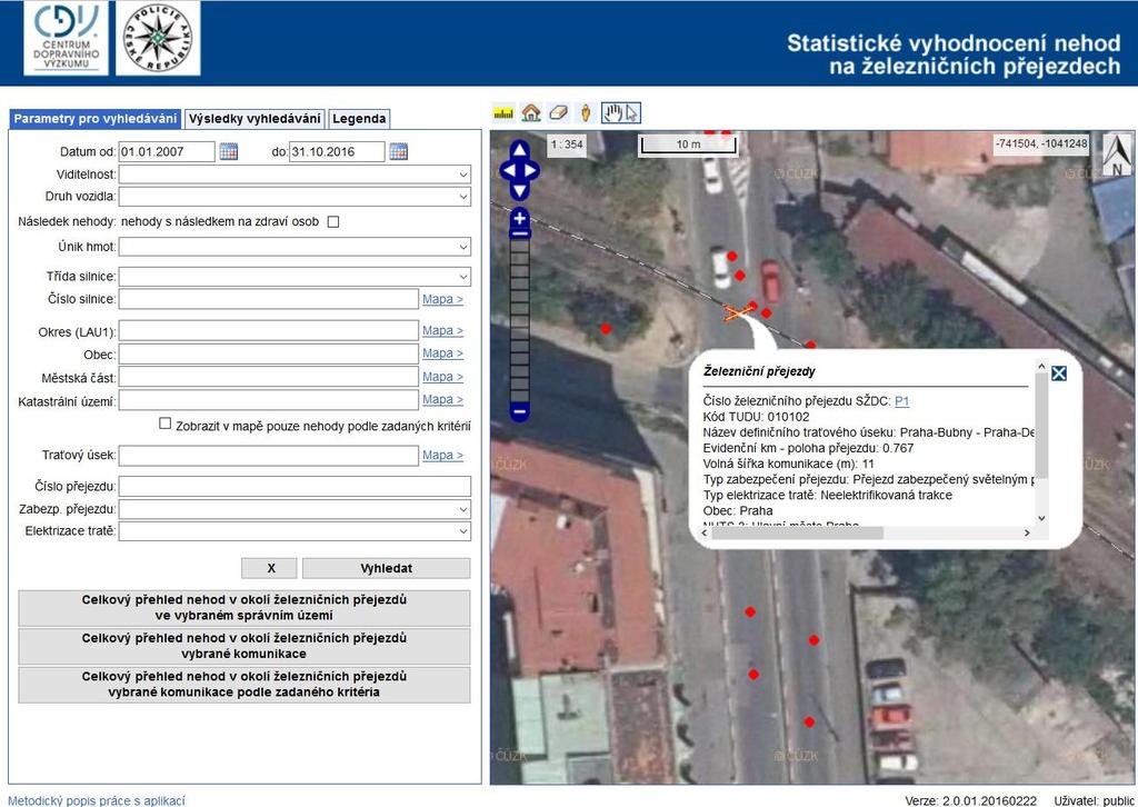 Statistické zobrazení nehodovosti v silničním provozu v okolí železničních přejezdů Aplikace umožňuje vyhledání železničního přejezdu, prostorové zobrazení přejezdu, jeho okolí a výběr nehod do