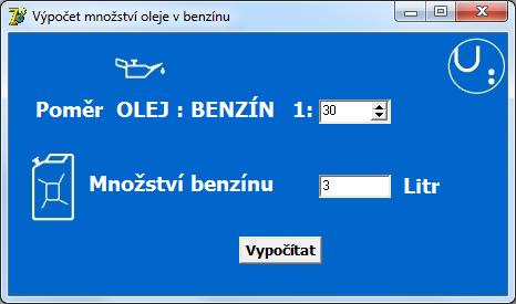 8 VÝPOČETNÍ PROGRAM Součástí této práce je také jednoduchá aplikace pro směšovací poměr paliva dvoudobého motoru.