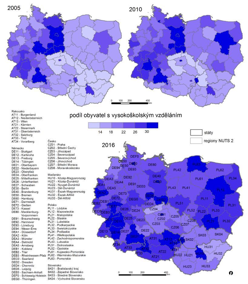 Obrázek 47 Podíl obyvatel s vysokoškolským vzděláním v regionech NUTS 2 ve střední Evropě v letech 2005, 2010 a 2016 Poznámka: Jedná se o