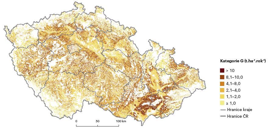 Obrázek 64 Potenciální ohroženost zemědělské půdy vodní erozí vyjádřená dlouhodobým