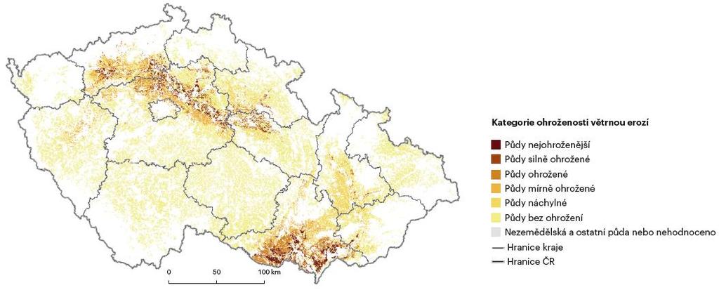 Obrázek 65 Potenciální ohroženost zemědělské půdy větrnou