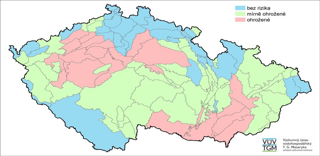 Obrázek 71 Regionalizace zranitelnosti hydrogeologických rajonů vůči suchu stanovená podle velikosti průměrného