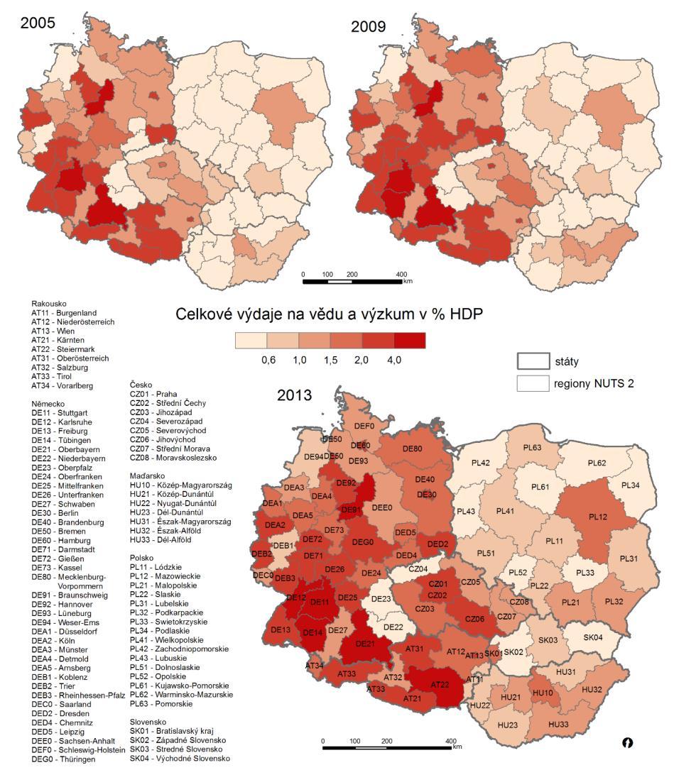 Obrázek 5 Celkové výdaje na vědu a výzkum v % HDP v regionech NUTS 2 ve střední Evropě v letech 2005, 2009 a 2013 Poznámka: Údaje za Rakousko pro rok