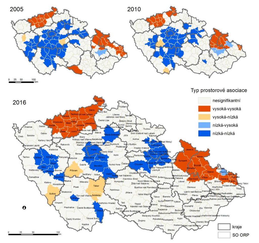 Obrázek 25 Kategorizace SO ORP dle výsledků analýzy LISA pro podíl nezaměstnaných osob v letech 2005, 2010 a 2016 Poznámka: Podíl nezaměstnaných osob v % je definován jako podíl dosažitelných