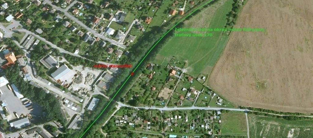 Obrázek P7_mapa okolí měřícího stanoviště - zářez na trati Posledním testovaným prostředím byla trať, nad kterou je most.