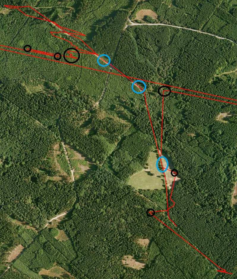 Obrázek 35_Mapa s naměřenými daty - případ "Hustý lesní porost v okolí železniční tratě" - zoom 3) Budovy v okolí železniční tratě U tohoto měřícího případu došlo při posledním měření k problému s