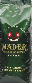 MÄDER Mäder káva pražená podle tradičního bubnového způsobu, ve Švýcarsku je již 30 let na trhu. Jsou zpracovávaná výhradně kávová zrna původem z nejlepších pěstitelských oblastí světa.