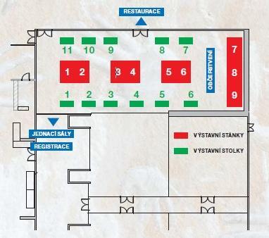 SCHÉMA VÝSTAVNÍCH PROSTOR HOTELU OLYMPIK ARTEMIS V PRAZE Legenda: 1 1 Výstavní stánek 2 x 3 m Výstavní stolek + 2 židle Výstava bude umístěna v sále Triumf, který těsně sousedí s oběma jednacími sály