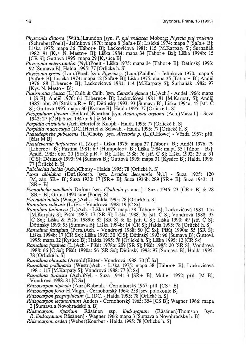 16 Bryonora, Praha, 16 (1995) Physconia distorta (With.)Laundon [syn. P. pulverulacea Moberg; Physcia pulverulenta (Schreber)Poelt] - Jelínková 1970: mapa 8 [Šafa+B]; Lisická 1974: mapa 7 [Šara+ Bj; Liška 1975: mapa 36 [Tábor+ Bl; Lackovičová 1981: 115 [M.