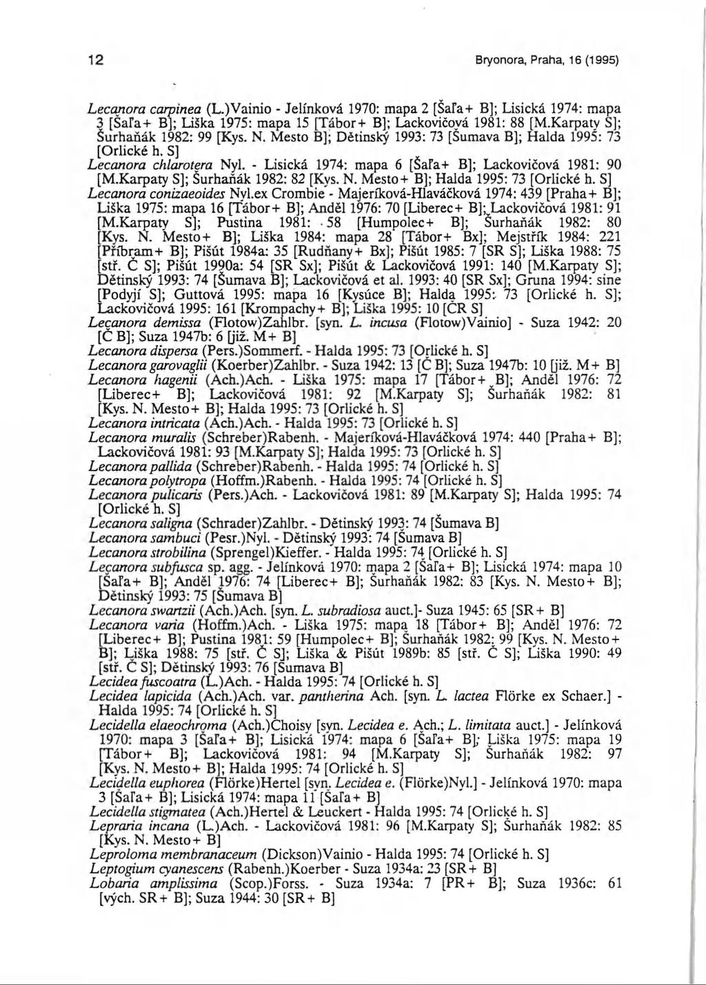 12 Bryonora, Praha, 16 (1995) Lecanora carpinea (L.)Vainio - Jelínková 1970: mapa 2 [Šalá-t- B]; Lisická 1974: mapa 3 [Šara+ B]; Liška 1975: mapa 15 [Tábor+ B]; Lackovičová 1981: 88 [M.