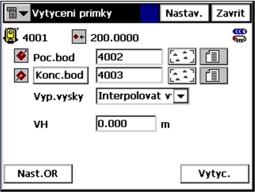 - Dalsi: přepne na další projektovaný bod. - Jemny / Hruby: Přepíná dálkoměr mezi přesným a hrubým módem měření délek. - Jedno / Opak.: Přepíná mód měření délek mezi jednotlivým a opakovaným měřením.