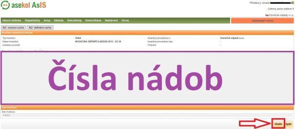 Obrázek č. 12: Inventura sběrných nádob Do fialově označeného obdélníku se zapisují čísla nádob (viz. obrázek č. 12). Čísla nádob je nezbytně nutné zapisovat celá, tzn.