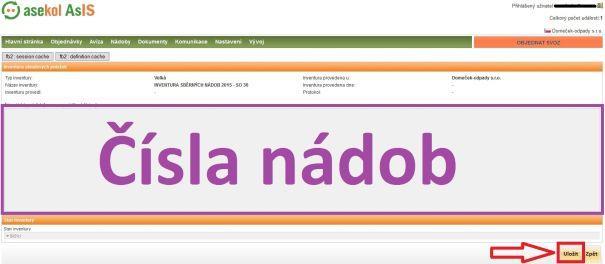 Obrázek č. 12: Inventura sběrných nádob Do fialově označeného obdélníku se zapisují čísla nádob (viz. obrázek č. 12). Čísla nádob je nezbytně nutné zapisovat celá, tzn.