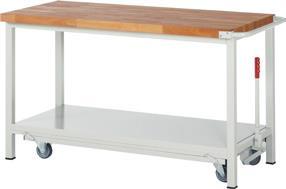 Pracovní stůl se spustitelným pojezdem Pracovní deska vyrobena z masivního bukového dřeva, lepená spárovka s tloušťkou 40 mm, povrch ošetřen, ekologicky nezávadným lněným olejem.