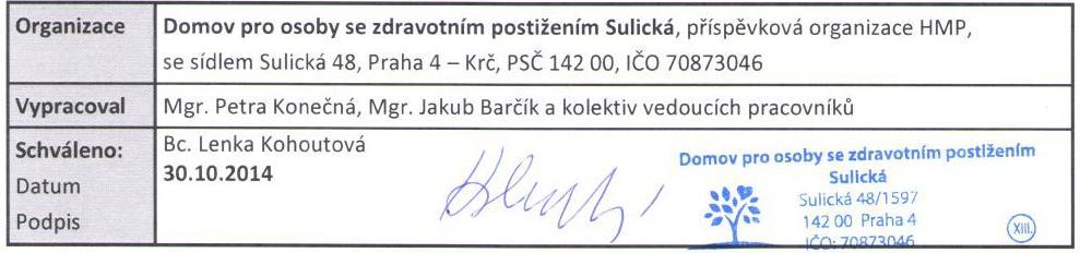 Ochrana osobních a citlivých údajů a vedení dokumentace Domov pro osoby se zdravotním postižením Sulická, příspěvková organizace Tato směrnice upravuje způsob zacházení s osobními a