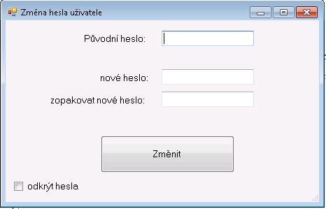Je nutné nejprve vyplnit původní (staré) heslo (heslo pod kterým jste právě přihlášeni) a poté je nutné dvakrát vyplnit nové heslo. Heslo může obsahovat písmena i čísla (max.
