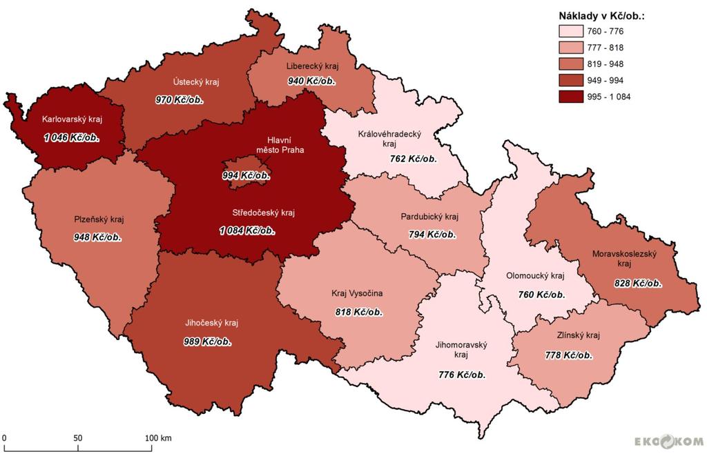 Celkové náklady podle krajů (Kč/obyvatel/rok) v r.2016 Velikost obce do 500 501 1.000 1001 4.000 4 001 10.000 10 001 20.