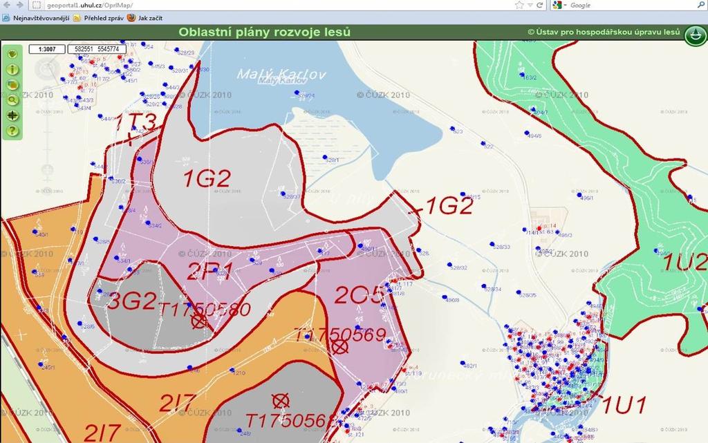 Příloha 7: Ukázka pracovní mapy podrobného lesnicko-typologického domapování zalesněných zemědělských půd s revizí na podkladě kvalitního ortofota, rastru KN, a