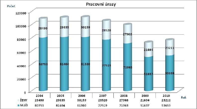 Pro lepší představu a možnost srovnání ukazují následující grafy, jak se pracovní úrazovost vyvíjela v rozmezí let 2004 až 2010.