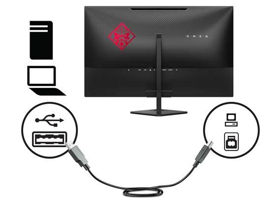 3. Připojte konektor Type-B výstupního kabelu USB k výstupnímu portu USB na zadní straně monitoru. Poté připojte konektor Type-A kabelu ke vstupnímu portu USB zdrojového zařízení. 4.