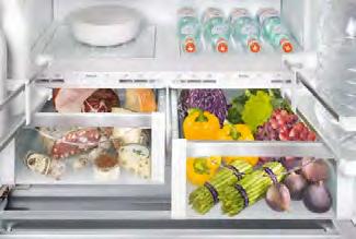 Frenchdoor kombinace 91 Průhledné a prostorné boxy BioFresh, které lze komfortně a bez námahy vysouvat na teleskopických výsuvech, zajišťují jasný přehled o uložených potravinách.