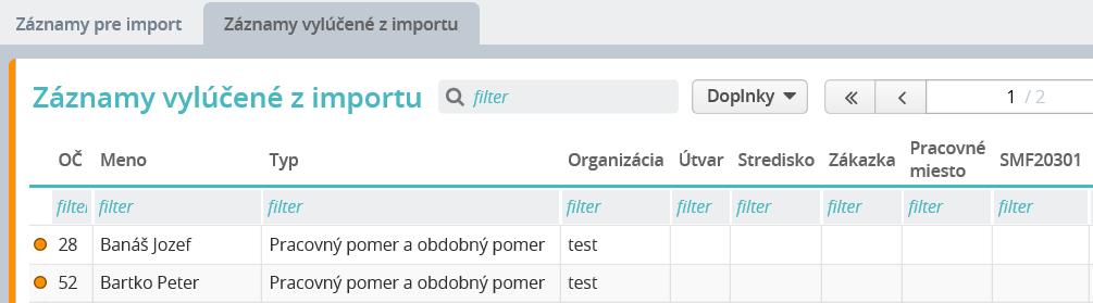 Po načítaní údajov sa zobrazia dve záložky, Záznamy pre import a Záznamy vylúčené z importu.