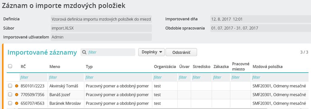 Otvorí sa formulár Záznam o importe mzdových položiek, v ktorom sú zobrazené všetky položky, ktoré boli importom zapísané na záložku Ručná úprava mzdy.