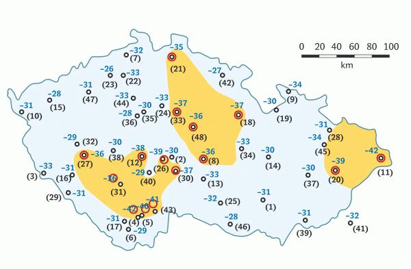 Obr. č. 4 Vymezení souvislých oblastí České republiky s minimálními teplotami nižšími než 35 C (Teploty byly naměřeny dne 11. února 1929) Zdroj: Vesmir.
