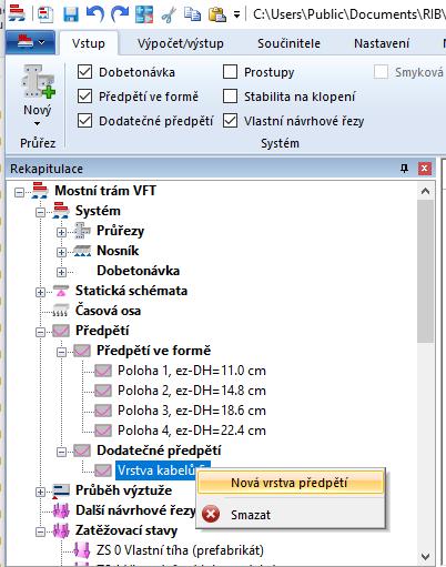 kabelů, nebo kliknutím pravým tlačítkem myši na položku Dodatečné předpětí ve struktuře