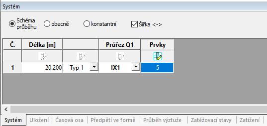 Úvodní příklad Zadání výpočetního modelu V panelu tabulek (oblast F), upravte na záložce Systém celkovou délku nosníku na 20,20 m, přepněte na konstantní průběh průřezu a nastavte základní počet