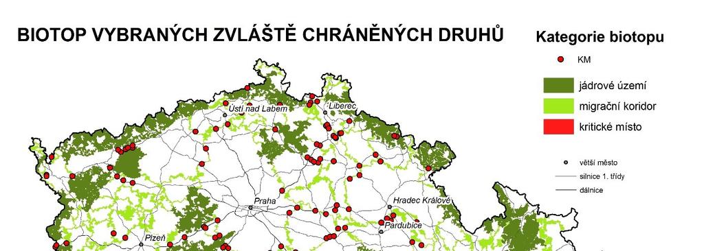 Obr. 19: Biotop vybraných zvláště chráněných druhůvelkých savců zvýraznění kritických míst Jak již bylo uvedeno v jedné z předchozích kapitol, biotop vymezený výše popsaným způsobem se stane součástí