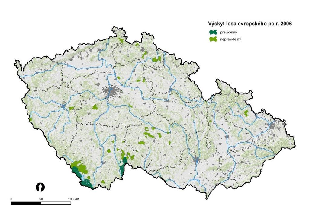 Obr. 4: Mapa rozšíření losa v ČR (zdroj: NDOP AOPK 2016, upravil Romportl 2017) II.