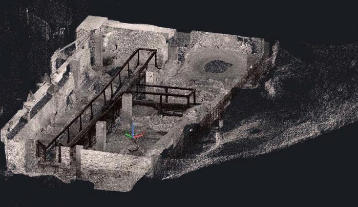 3D dokumentace stavu areálu vãetnû situování dfievûné lávky pro náv tûvníky pfied zahájením projektu sanace v roce 2011. (3D scan: Zdenûk Marek, scaner Pharo, 2011) 