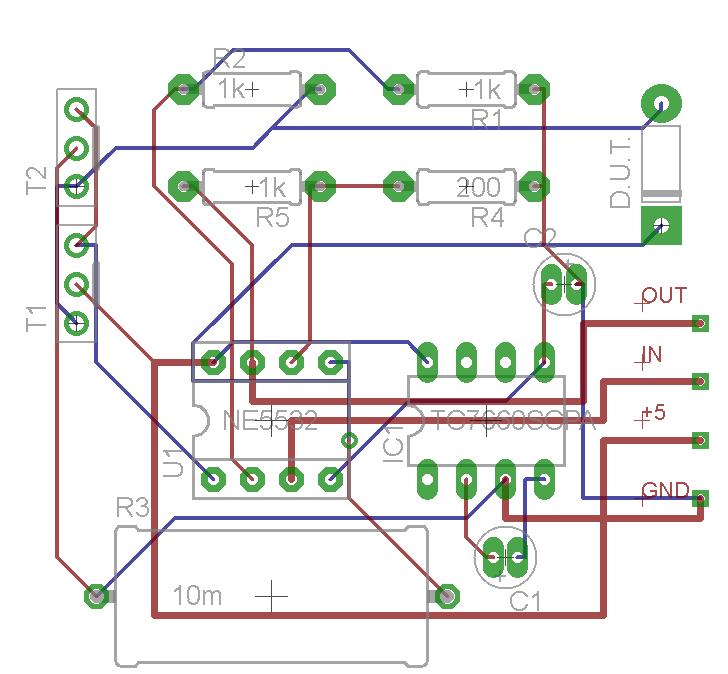 4.3. DPS 4.4. Seznam použitých součástek pro DPS Označení Název Hodnota T1 BD441 NPN T2 BD442 PNP U1 NE5532 - R1 rezistor 1kΩ R2 rezistor 1kΩ R3 rezistor