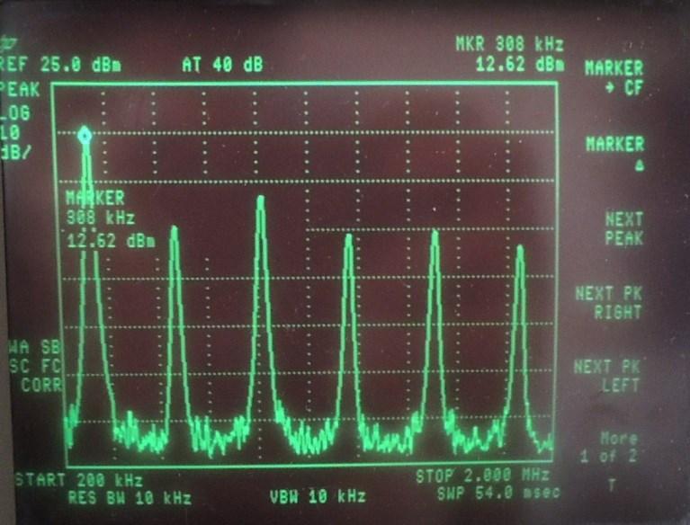Obr. 35: FFT analýza obdélníkového signálu, f = 309 khz. Obr. 36: Analýza spektrálním analyzátorem obdélníkového signálu, f = 309 khz. Tab.