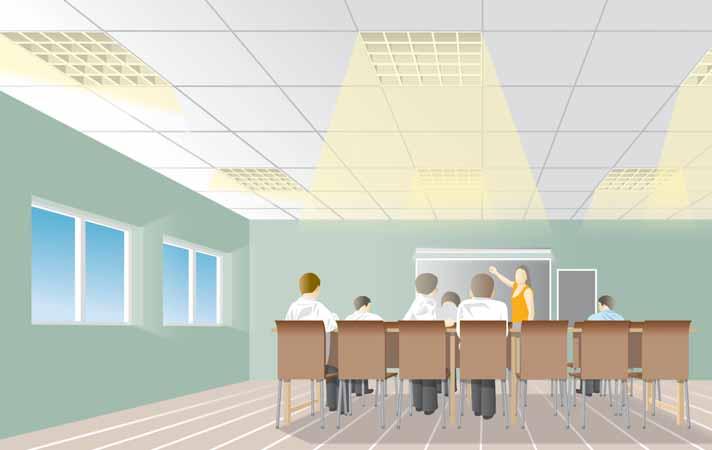 Technologický průvodce Kombinované stmívání a spínání Kombinované spínání a stmívání: lze použít v místnostech kde je více řad svítidel z nichž některá jsou blíže oknům (zdroji přirozeného osvětlení)