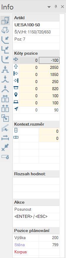 Info panel - podrobně Informace o artiklu Stručné informace o označeném artiklu (artikl, stěna, dek.předm., okno, dveře, zdroj sv., inst.symbol.