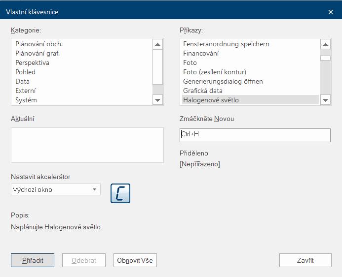 Klávesové zkratky - vytvoření 1. Vybrat požadovaný příkaz 2. Zadat klávesovou zkratku 3. obnoví původní nastavení Pokud příkaz již má přiřazenu zkratku - zobrazí se v tomto poli.