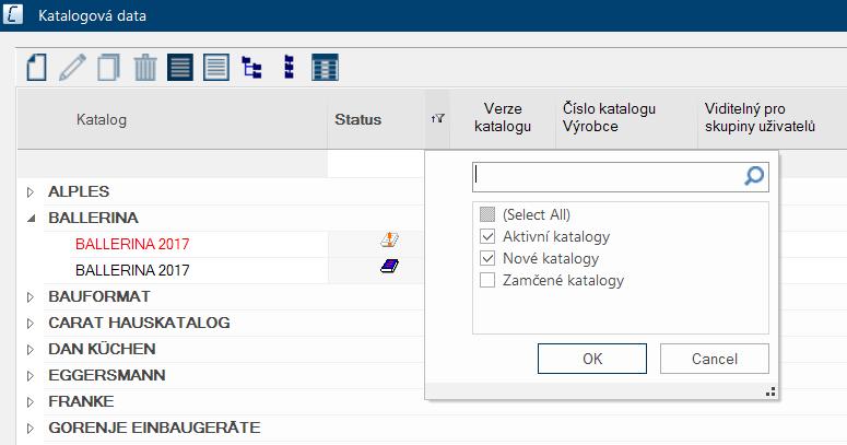 Seznamu katalogů - filtry Označení filtru Okno s filtry o o o V