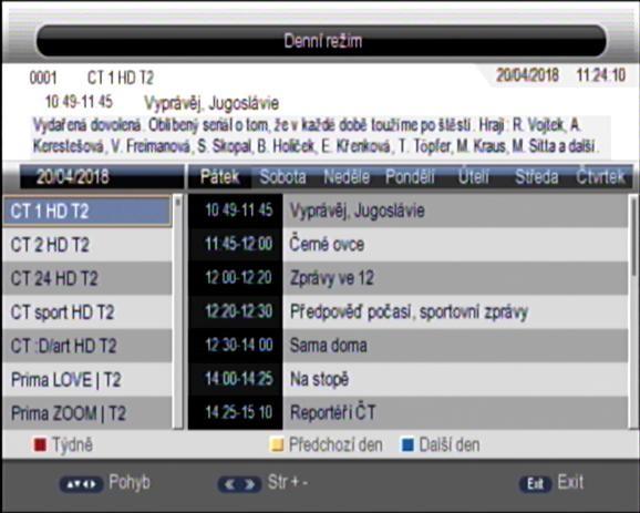 EPG Stisknutím tlačítka [EPG] zobrazíte informace o programu: v tomto obraze se pohybujete šipkami vlevo/vpravo/nahoru/dolů červeným tlačítkem volíte