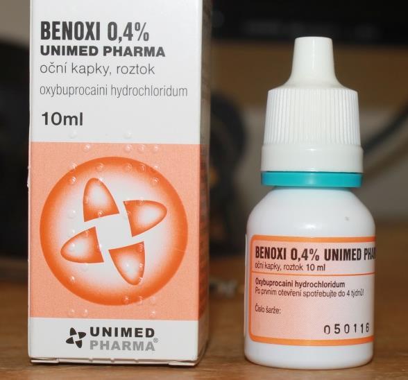 Medikamentózní terapie Léčiva používány topicky Lokální anestetika Proxymetakain» Působí
