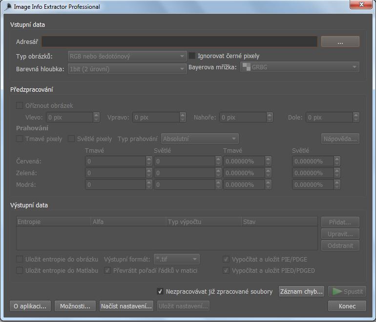 Na Obr.2 je vidět GUI s možnostmi nastavení. Jako vstup mohou sloužit obrázky různého typu RGB, šedotónové, čeernobílé či RAW.