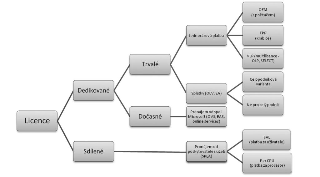 KAPITOLA 2 Definice softwaru, práva k softwaru, licence, databáze OBRÁZEK 2.3. Přehled multilicencí Microsoftu V praxi se lze setkat ještě s celou řadou dalších variant, jako je např.