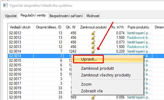 jednotlivých ventilů a zvolit jiný požadovaný ventil a zamknout ho proti změně.