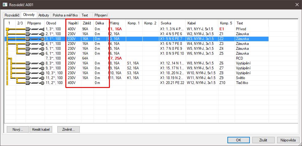 Samostatné zobrazení a sledování hodnot "Napětí", "Zatížení" a "Délka" V tabulce se seznamem obvodů se nyní jako samostatné sloupce zobrazují nastavení aktuálního napětí, zatížení a délka kabelu pro